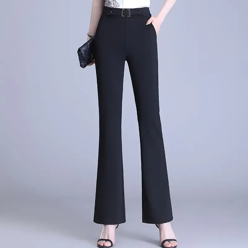 

Women Spring and Autumn New Fashion Solid Color Pockets Splicing Loose Flared Casual Slim Pants