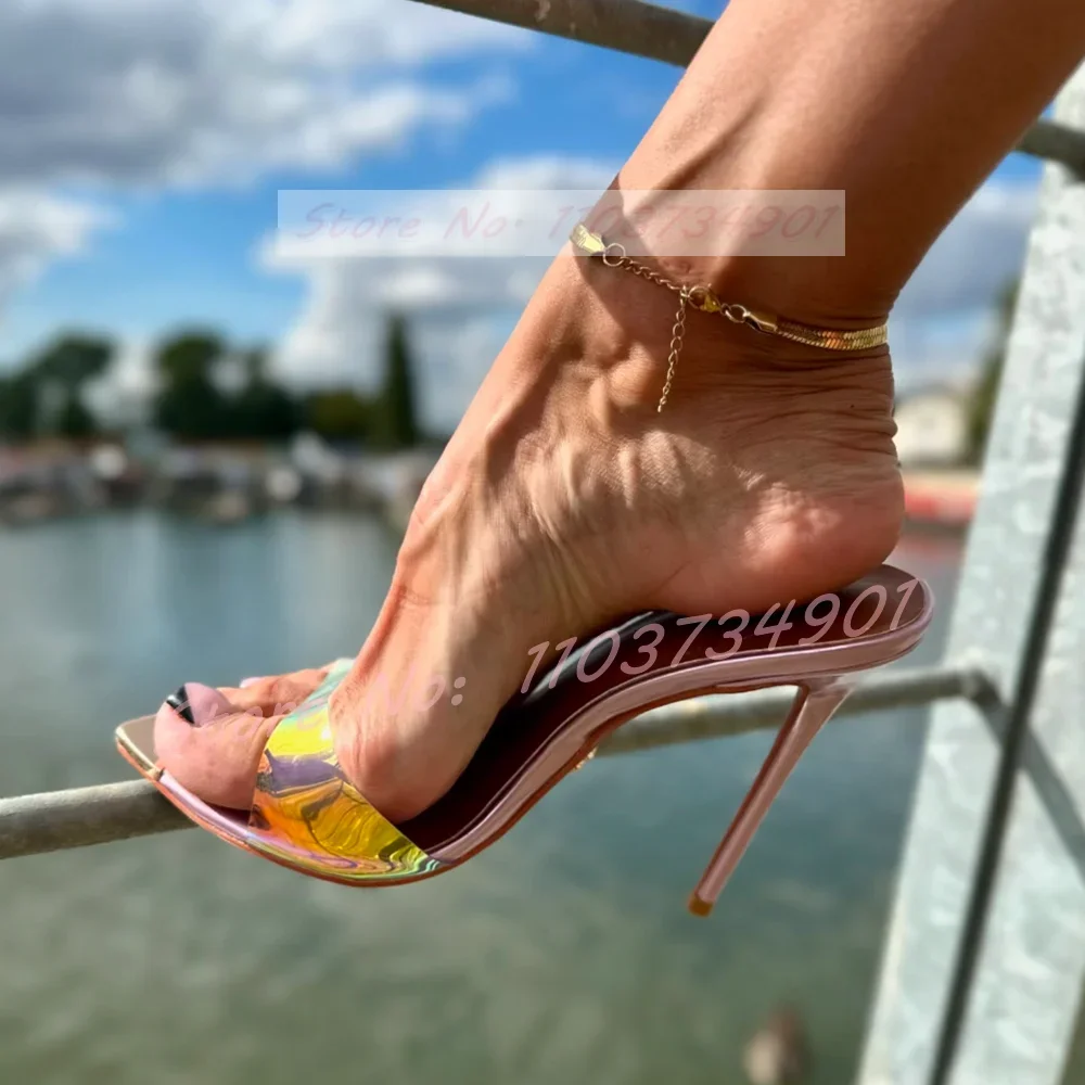 

Metal Pointed Toe PVC Sexy Slippers Women Fashion Outdoor Satin Slip-On High Heels Shoes Female Elegant Party Nifty Retro Mules