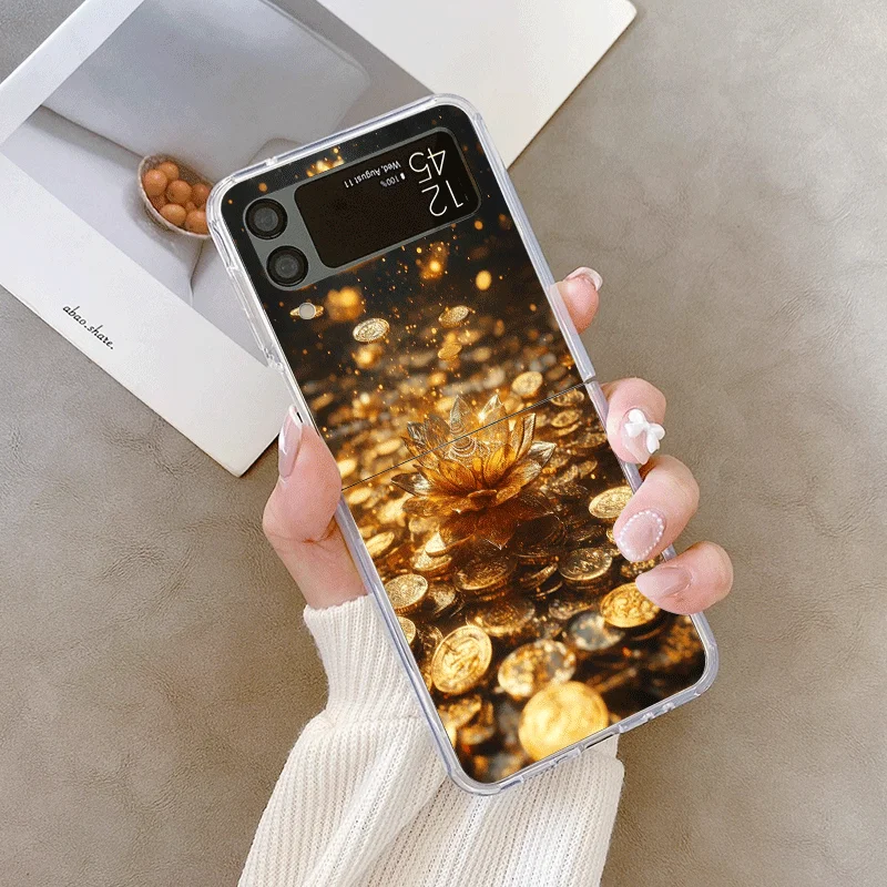 الإبداعية الذهبي لوتس زهرة نمط قضية الهاتف لسامسونج غالاكسي Z فليب 7 فليب 6 5 4 3 غطاء قابل للطي ل Z Flip7 فليب 5 قذيفة #5