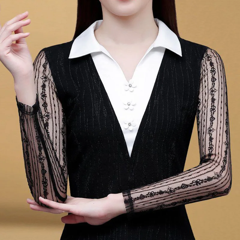 2024 New Summer Sexy Elegant Fashion Sweat Loose Office Lady Women's Shirt Korean Style Retro Lace Button V Neck Long Sleeve Top