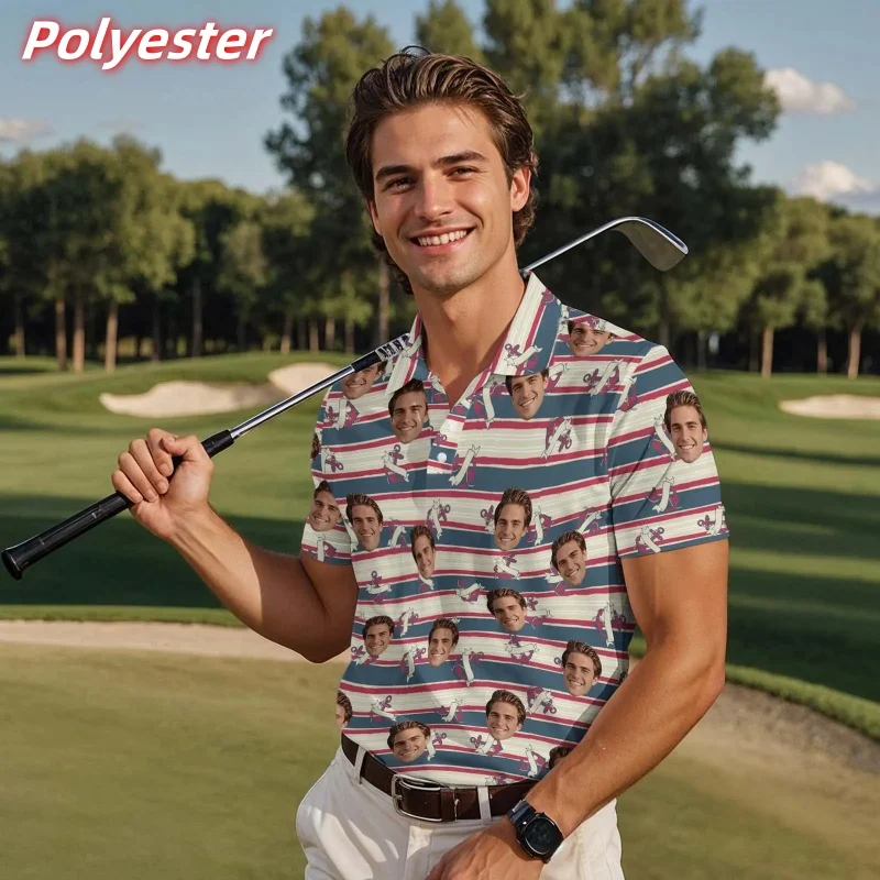

3D Printed Customized Portrait Polo Shirt For Men Stripe Pattern Short Sleeves Summer Street Lapel T-Shirt Button Loose Tees Top