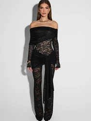 Fantoye Sexy Off Shoulder See Through Lace Women Jumpsuit Black Long Sleeve Bandage Romper Spring Skinny Elegant Party Clubwear