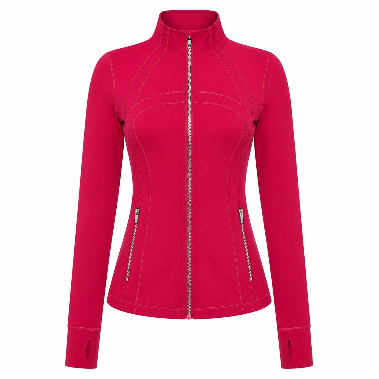 Women's Red Slim Fit Full Zip Sports Jacket Stand Collar Long Sleeve Running Yoga Workout Outerwear Style P039