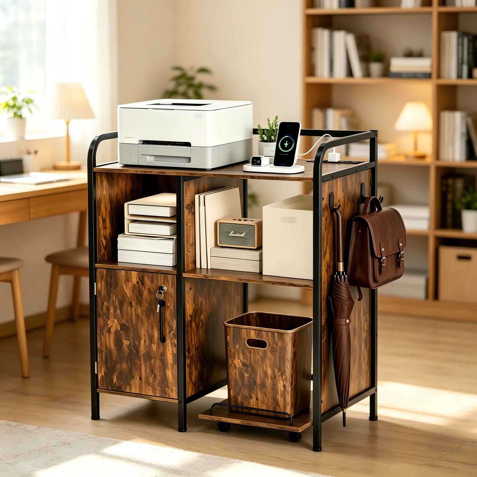 Lockable Storage Cabinet Wooden Metal Frame Storage Books Unit Living Room Furniture for Office Printer File Household Supplies Organizer