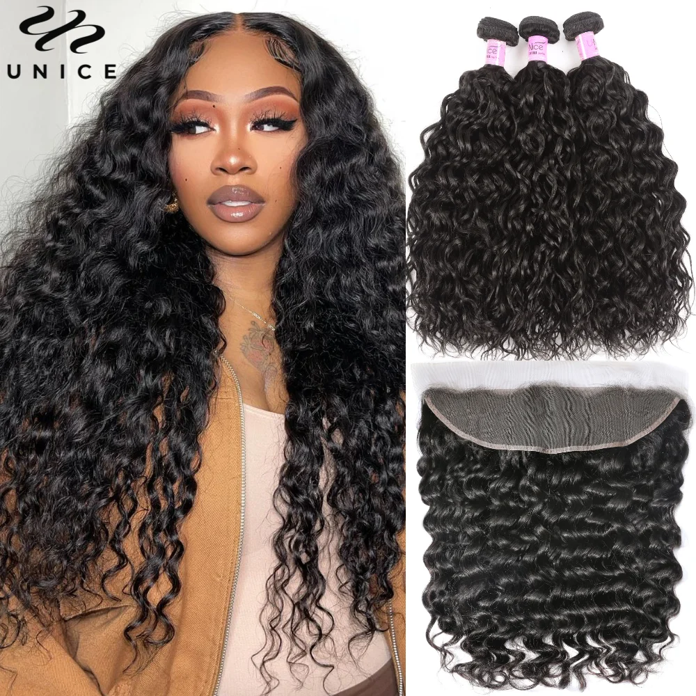 UNice Hair Water Wave 3/4 Bundles with 13x4 Lace Frontal Virgin Human Hair Bundles Can Make 250% Water Wave Lace Fro Wig