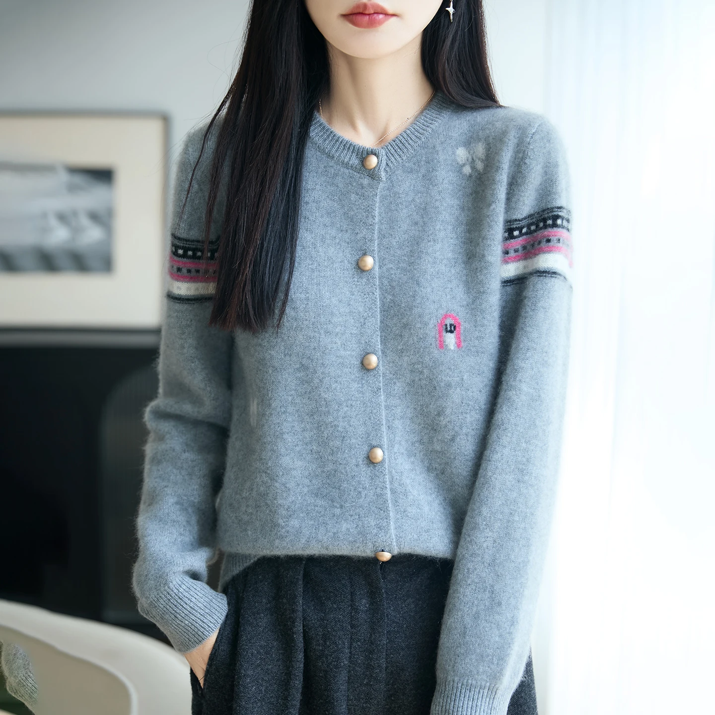 BELIARST Thickened 100% Merino Wool Cardigan Women's Round Neck Cartoon Color blocked Knitted Sweater Autumn/Winter Warm Tops