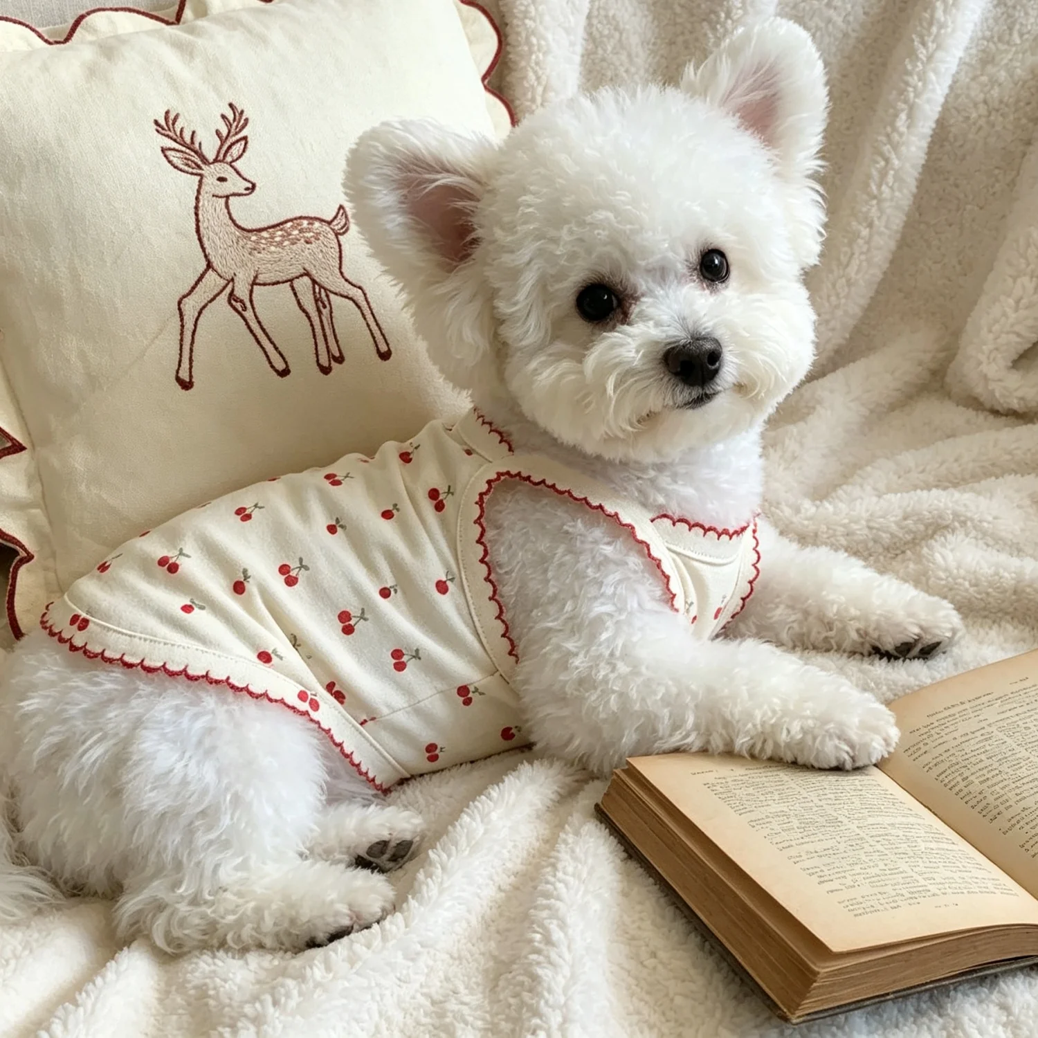 Sommerweste für kleine Hunde, niedliches Kirschmuster, Haustierkleidung, atmungsaktives ärmelloses Welpenshirt aus Baumwolle für Bichon Teddy Cat