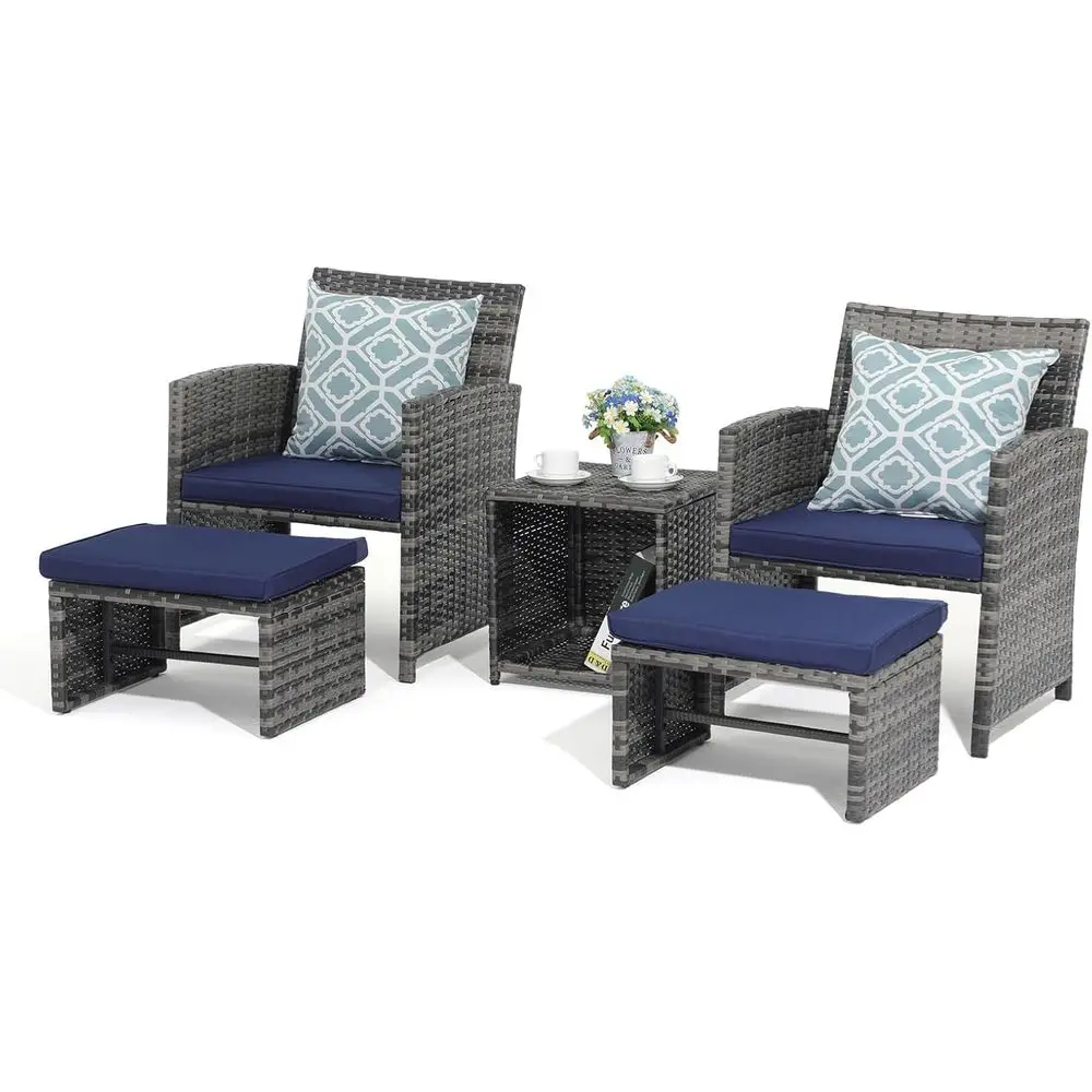 

Navy Blue 5-Piece Wicker Patio Furniture Set with Ottoman and Coffee Table, Pillows Included
