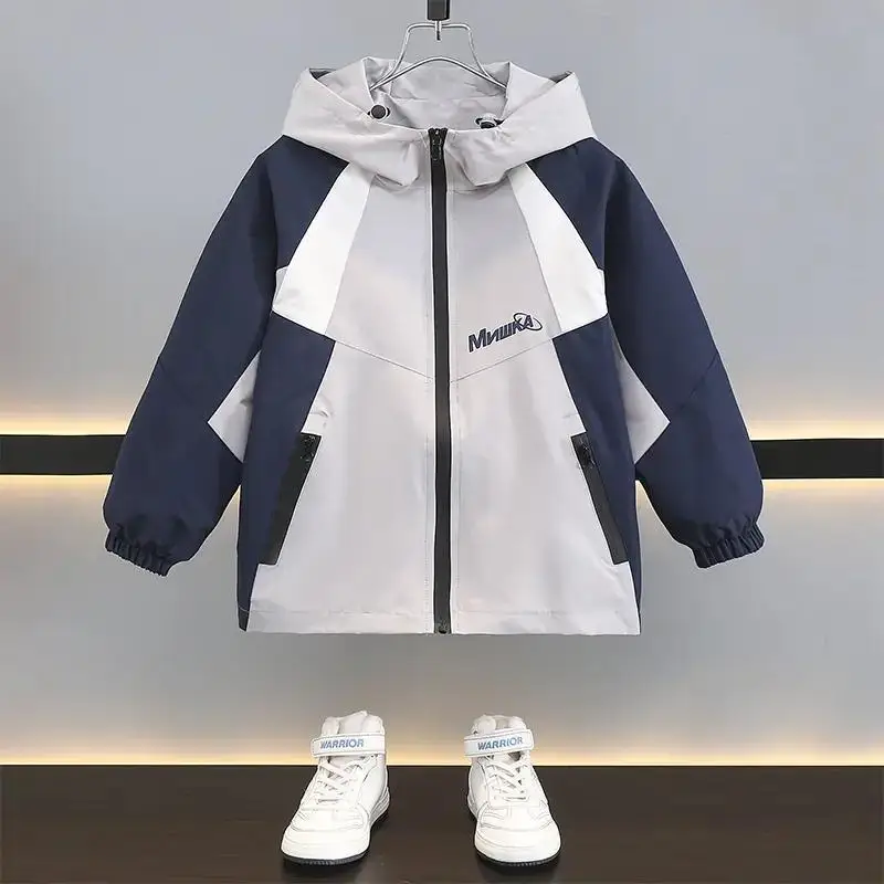 2026 New Children Boys Hooded Jacket Spring Teen Letter Print Color Blocking Zipper Windbreaker Coat Kids Camping Costume 5-17Y