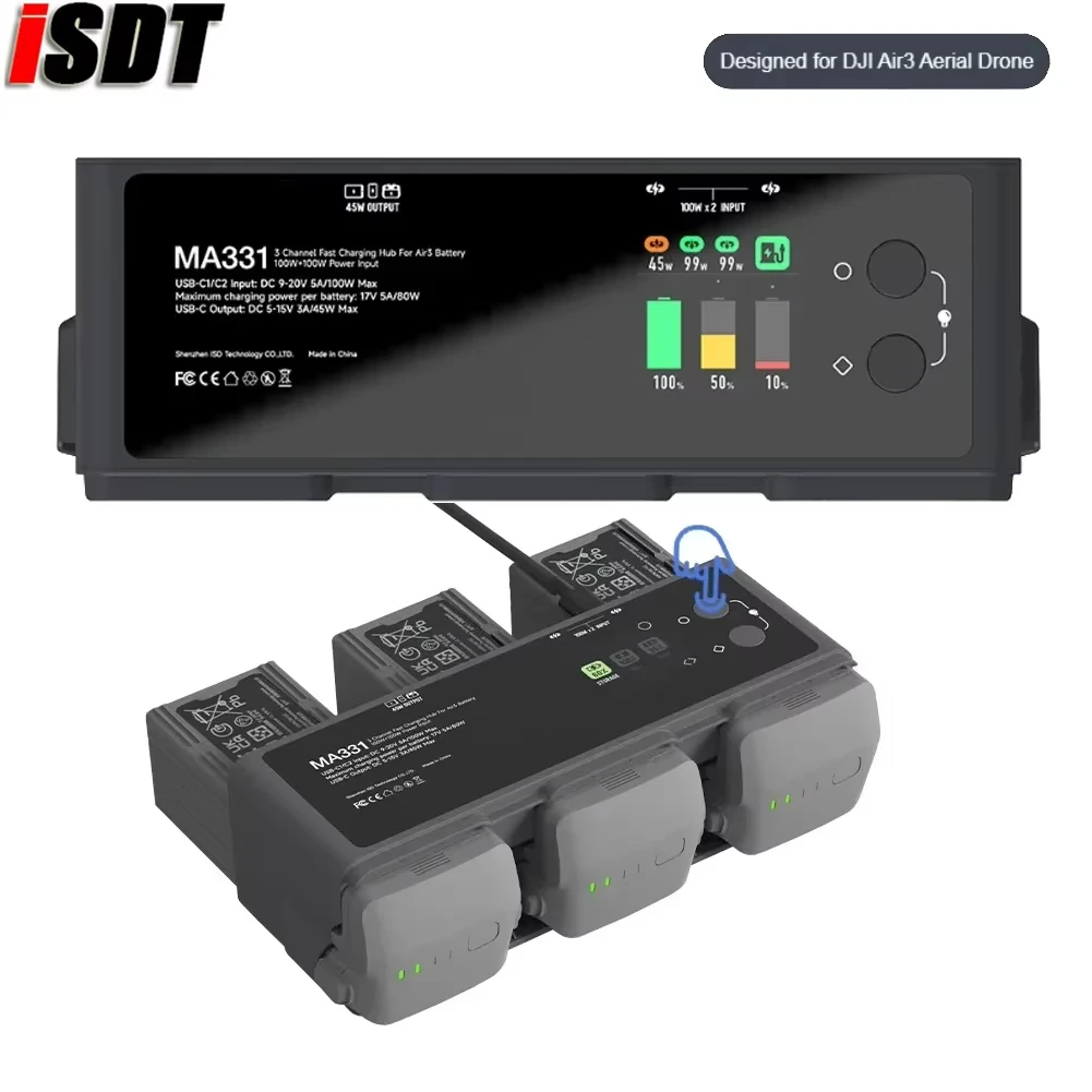 ISDT MA331 Air 3 Charging Hub 200W 3 Channel Smart Battery Charger with APP Connection LCD Display for DJI Air3 Aerial FPV Drone