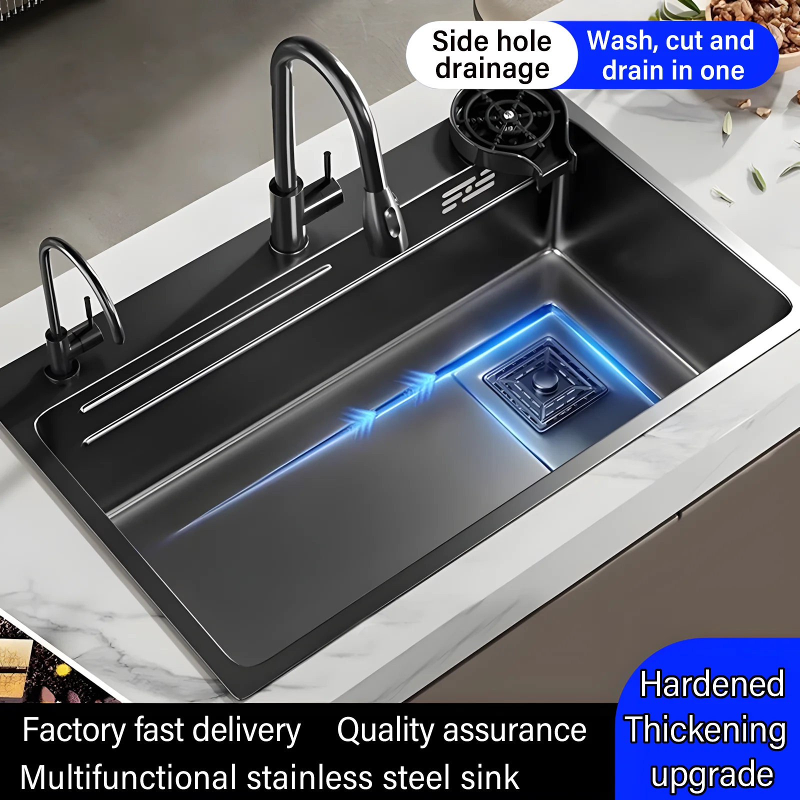

Stainless Steel Multifunctional Digital Display Waterfall Sink Vegetable Washing Sinks Integrated Faucet Kitchen Fixture