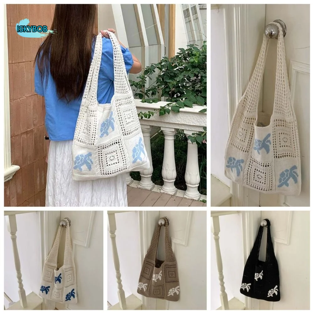 

Однотонная вместительная сумка-тоут в корейском стиле с вышивкой, вязаная крючком, из хлопка, с ажурным плетением, для школы