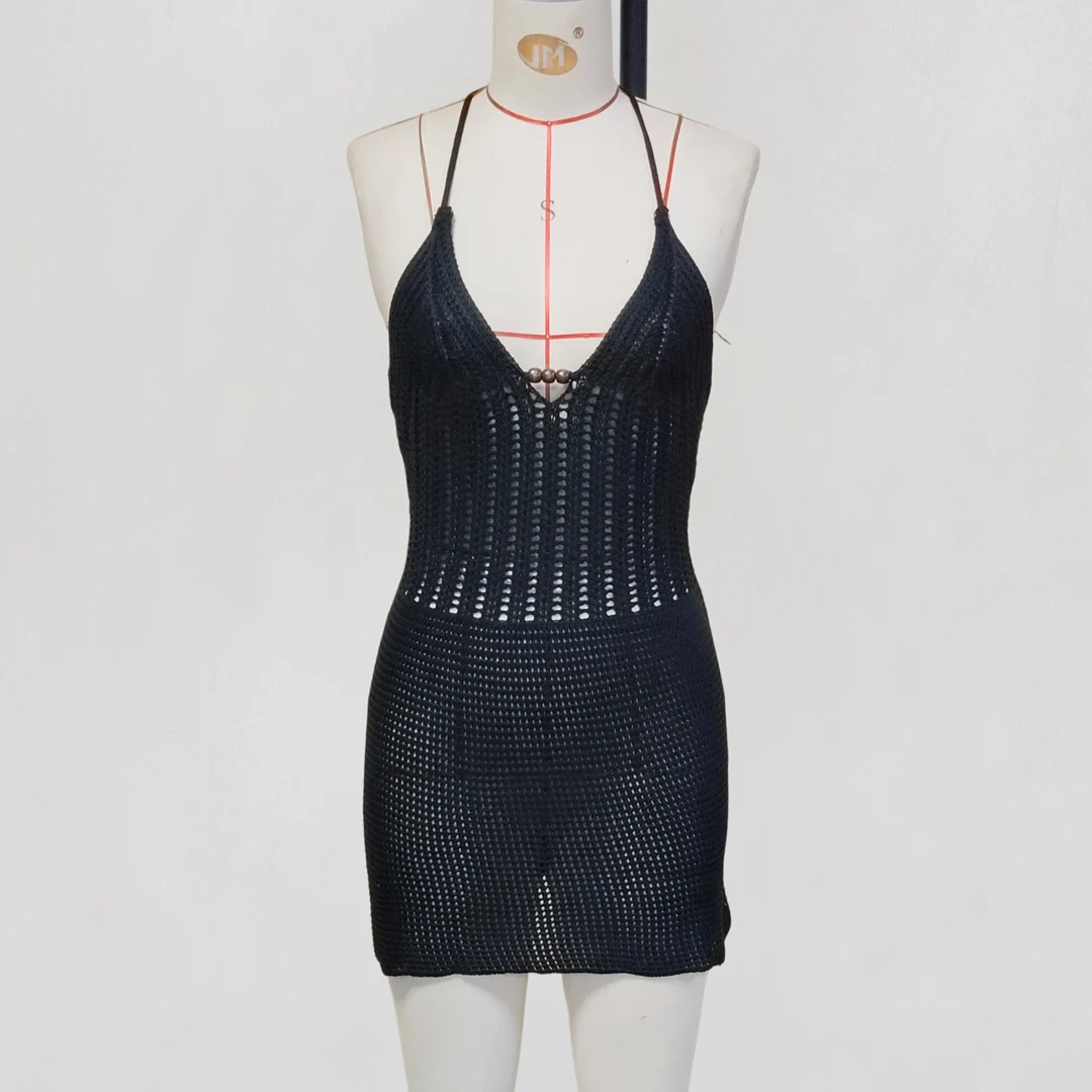 Schlankes, figurbetontes, gehäkeltes, gestricktes Strandkleid für Damen, Neckholder-Minikleid, Sommerkleid mit Ausschnitten, V-Ausschnitt, rückenfrei, sexy Partykleid V6210 – Detail 36
