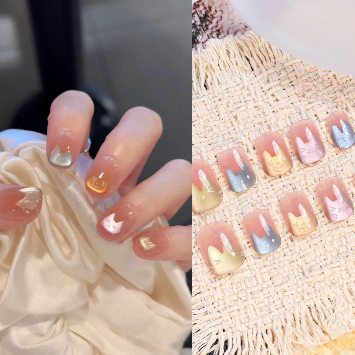 10pcs Kawaii Short Press On Nails Cat Eye With Cute Cartoon Cat Face Gradient Pink Gold Blue Full Cover Fake Nails For Girls