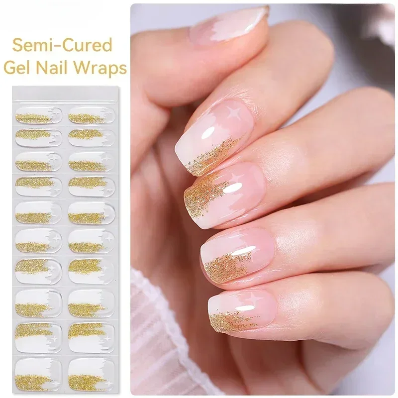 20Tips Semi-cured Glitter Gold Gel Nail Wraps Long Lasting Manicure UV LED Lamp Need Fashion Full Cover Nail Gel Sticker Decals