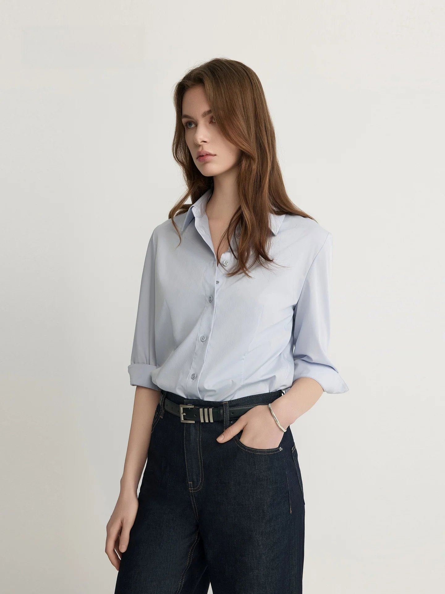 PRICH Simple Elegance Turn-down Collar 7/8 Sleeve Shirt Women's Business Casual Slim Fit Summer New Style Commuting Top