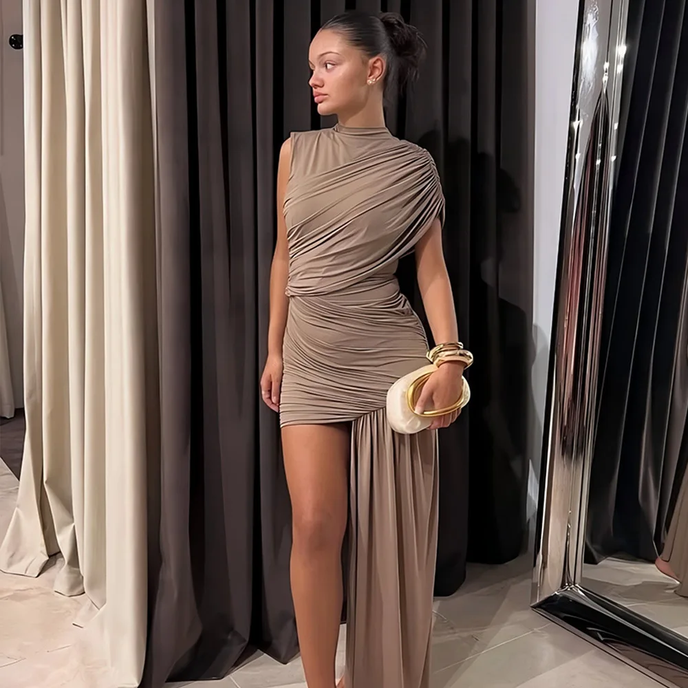 Gedrapeerde Ruches Sexy Mini Jurk Vrouwen Nieuwe Onregelmatige Hoge Taille Slim Fit Jurk Vrouwelijke Elegante Club Tank Jurk