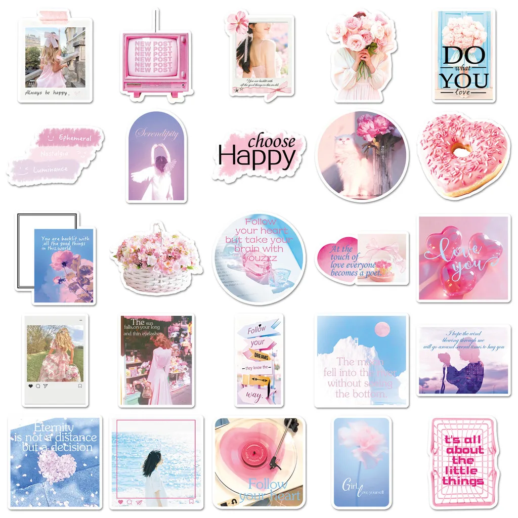 สติกเกอร์สไตล์ INS สีชมพู 50 ชิ้น - สติกเกอร์สร้างสรรค์เหมือนจริงสำหรับตกแต่งกีตาร์ คอมพิวเตอร์ และลำโพง ร้าน RecordingYourLife