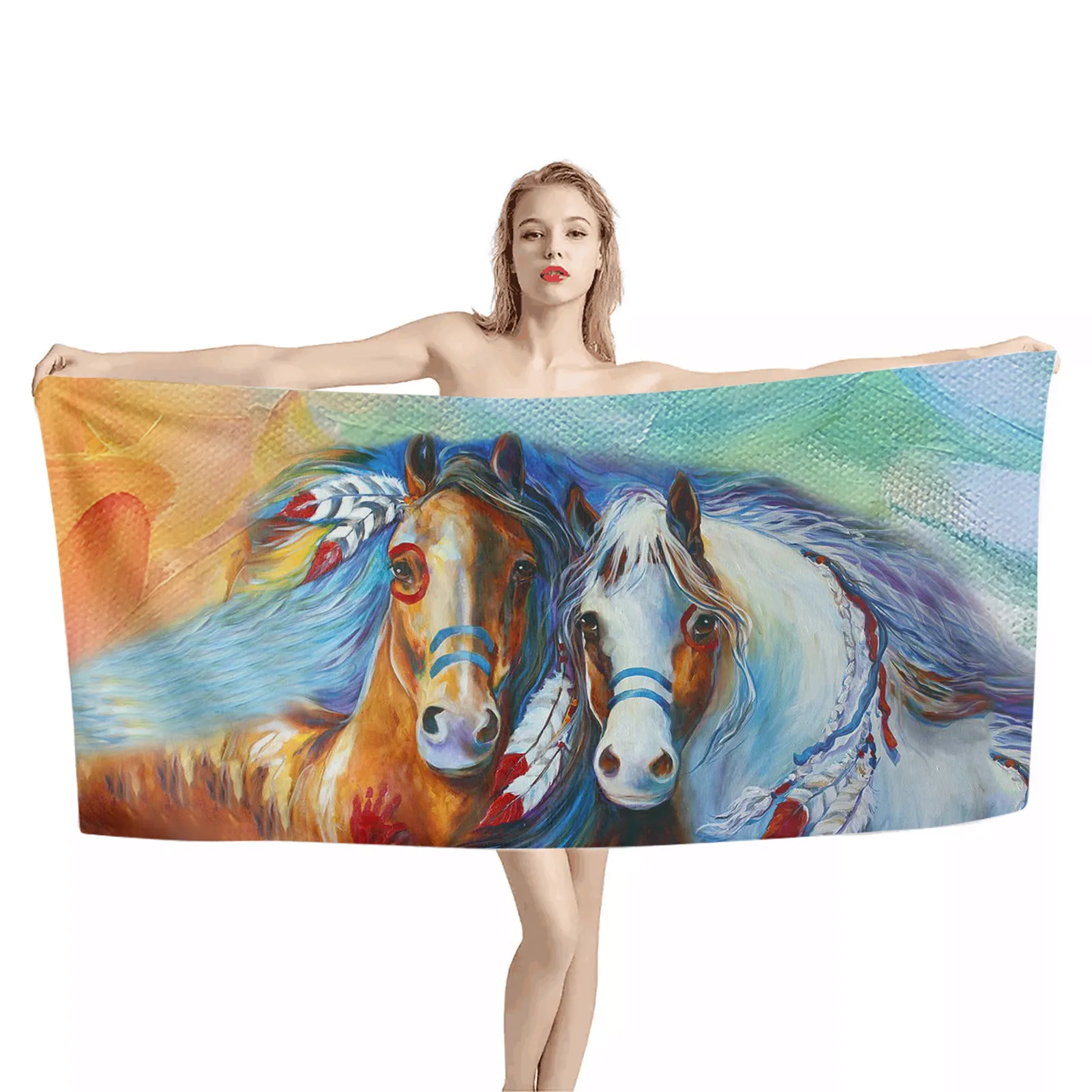 Horse Painting Printed Beach Towel Cartoon Quick Drying Portable Bath Shower Towel for Kids Adults Travel Swimming Sport Towel