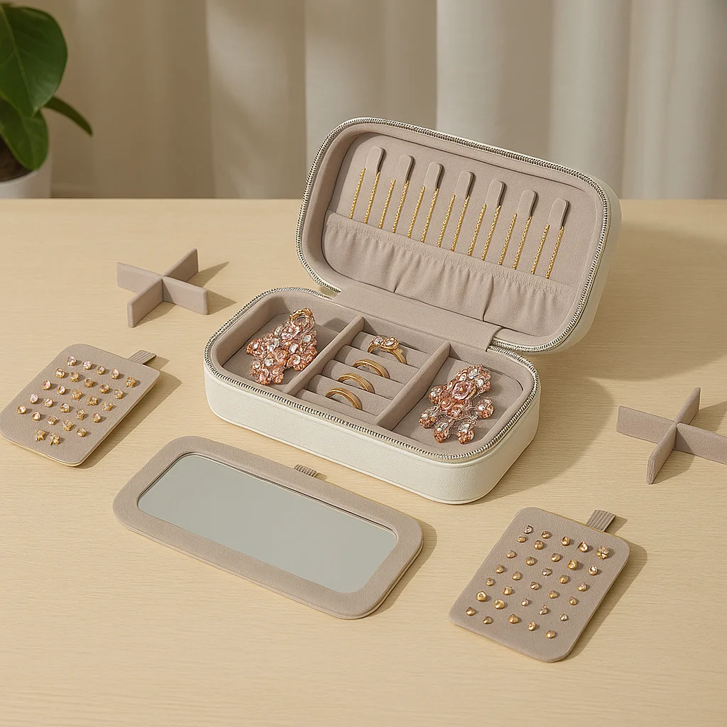 

Double metal zipper portable jewelry box independent mirror earrings necklace organizer multifunctional jewelry box