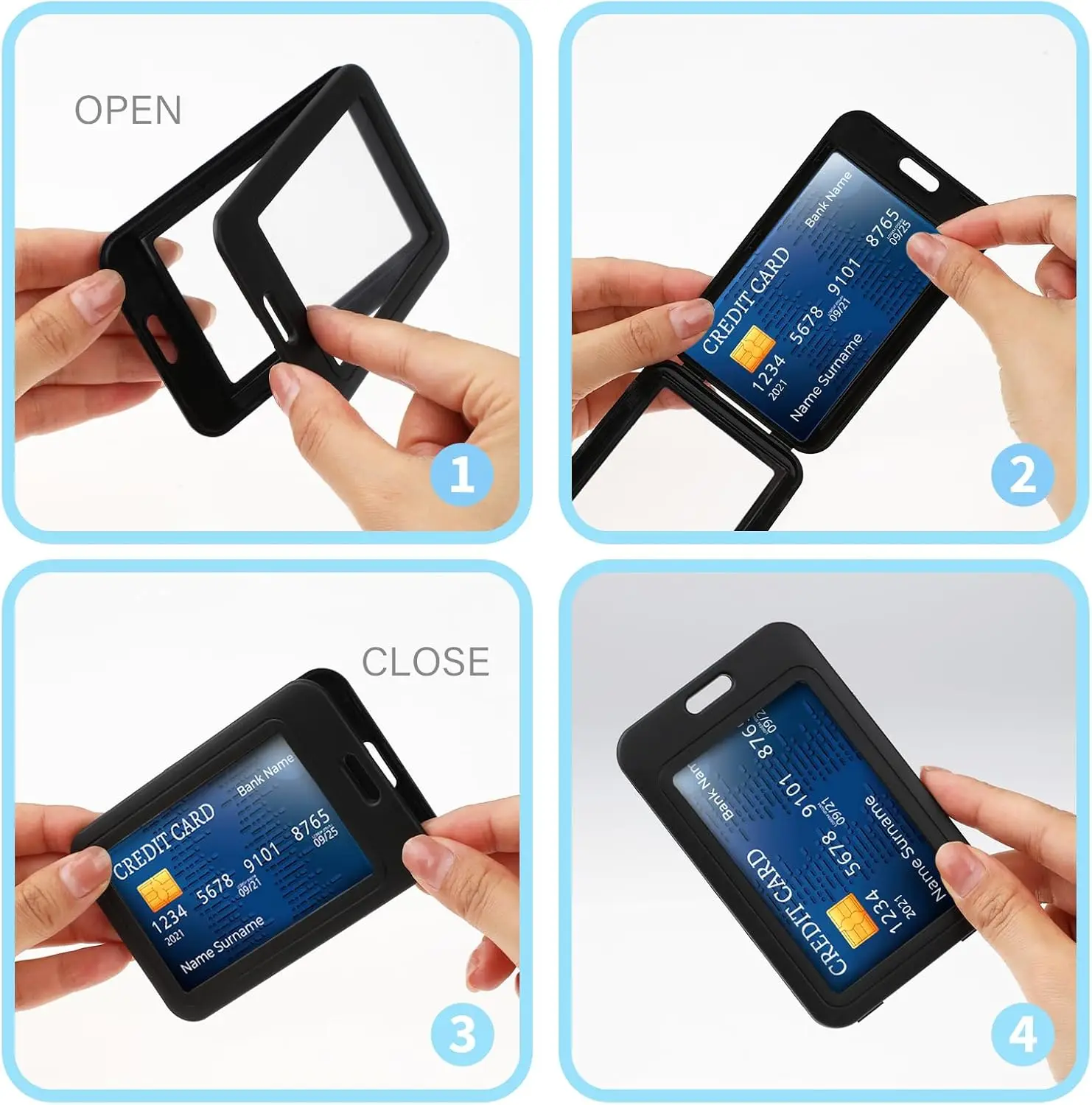 8 Pack ID Double-Sided Clear Vertical Name Badge Hard Black Card Holder  Case With Plastic Clip For Office School ID Credit Card