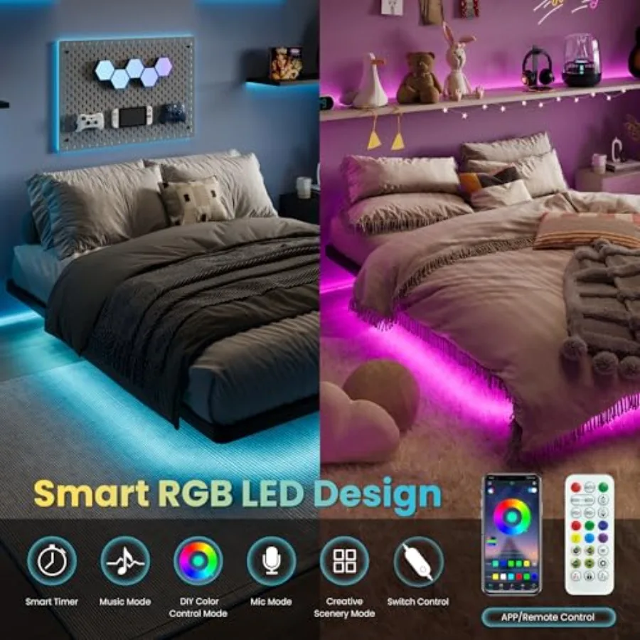 Floating bed frame with smart LED lights for modern bedroom, black metal, adjustable size, built-in dimmable lighting and USB c view 3