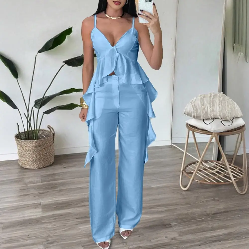 

Breathable Women Suit Stylish Women's V-neck Top Pants Set for Office Party Wear Ruffled Camisole Top with Straight for Women