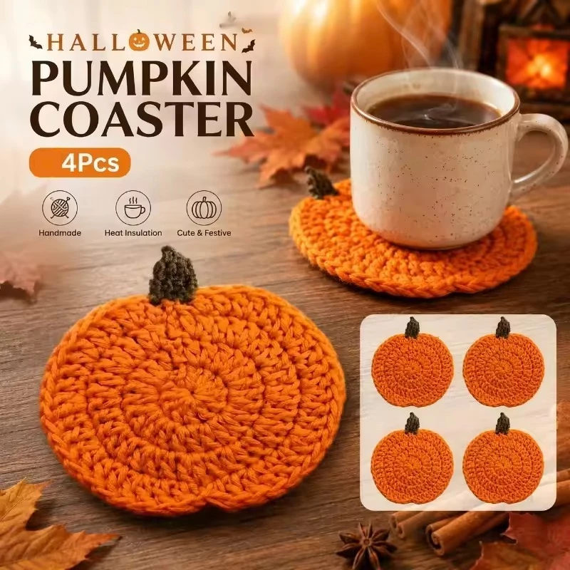 Autumn Handmade Crochet Pumpkin Coasters Heat Resistant Drink Mats Fall Farmhouse Table Decor Halloween Thanksgiving Home Gift