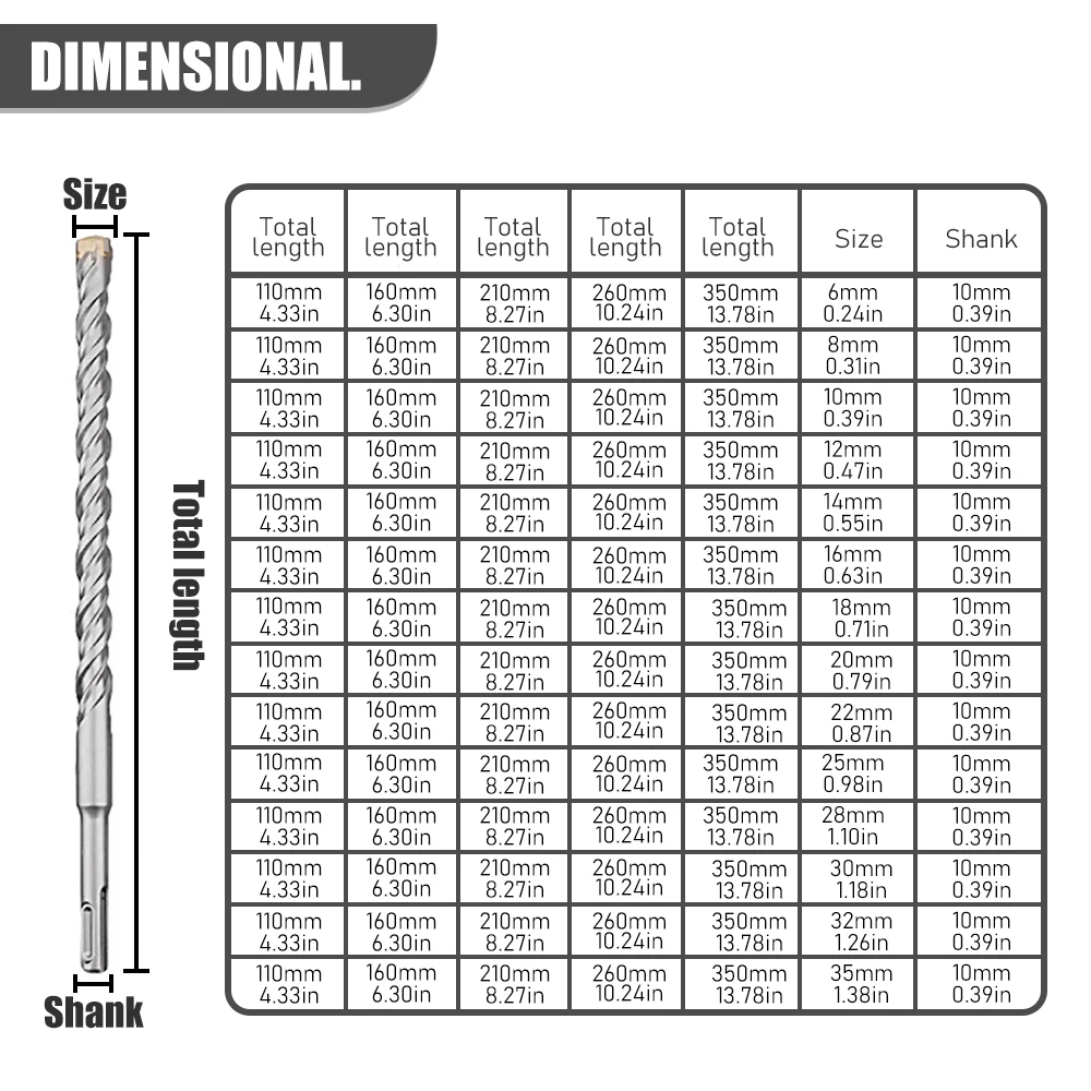 SDS Plus Cross Tip Hammer Drill Bits, 110–350mm Impact Masonry Bits for Wall, Brick, Concrete & Marble Drilling