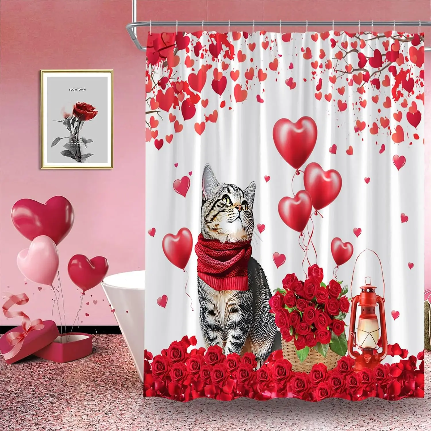 

Valentines Heart Shower Curtain,Black White Heart Modern Women Sweet Bathroom Home Curtain Decor with Hooks,70x70 Inch