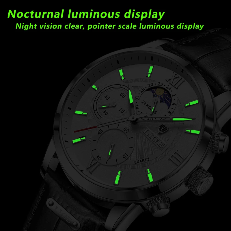 LIGE 2024 Brand New Men\'s Watches Leather Chronograph Waterproof Sports Automatic Date Quartz Watches for Men Relogio Masculino