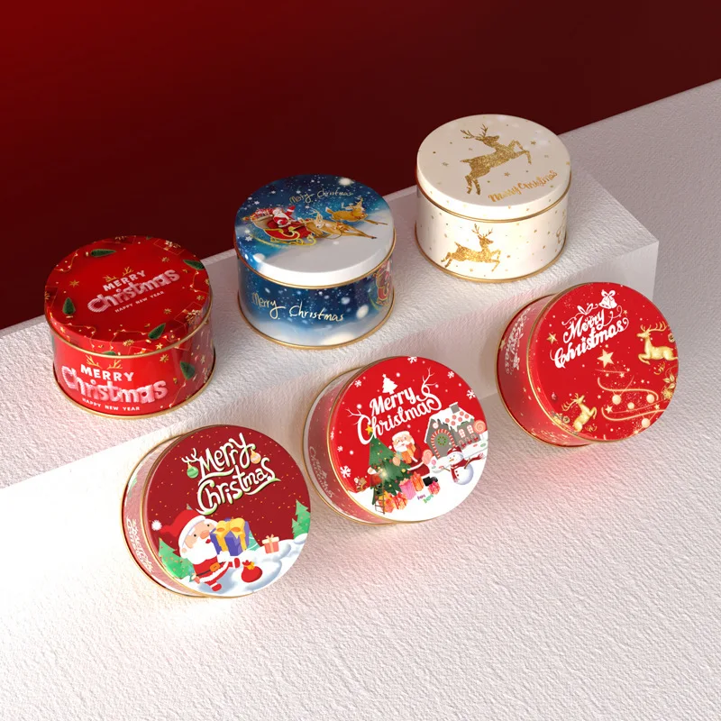 

Christmas Storage Box, Round Holiday Tinplate for Candy Gift Packaging, Festive Decorated Organizer for Party/Home/Office