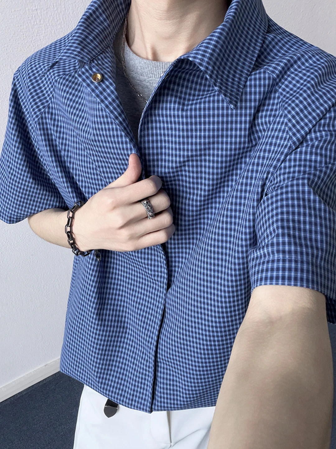 

Японская хлопковая рубашка в клетку с коротким рукавом для мужчин, летняя, новая, в стиле ретро, для колледжа, повседневная, модная, для прогулок