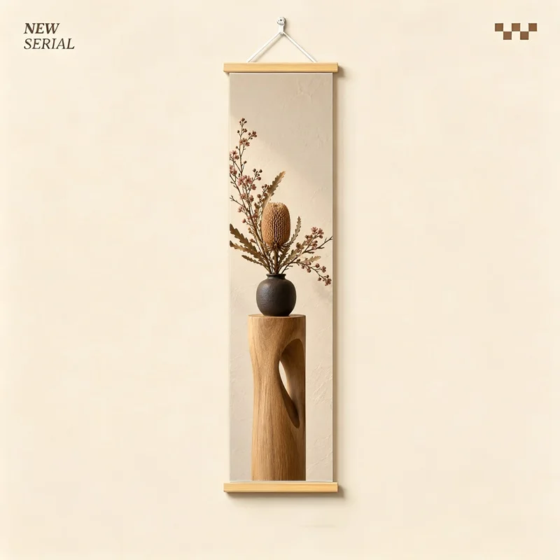 Wall Art Geraldton Waxflower and Banksia, Calm Wabi-Sabi Silver Shimmer Canvas Hanging Scroll for Peaceful Zen Sanctuary