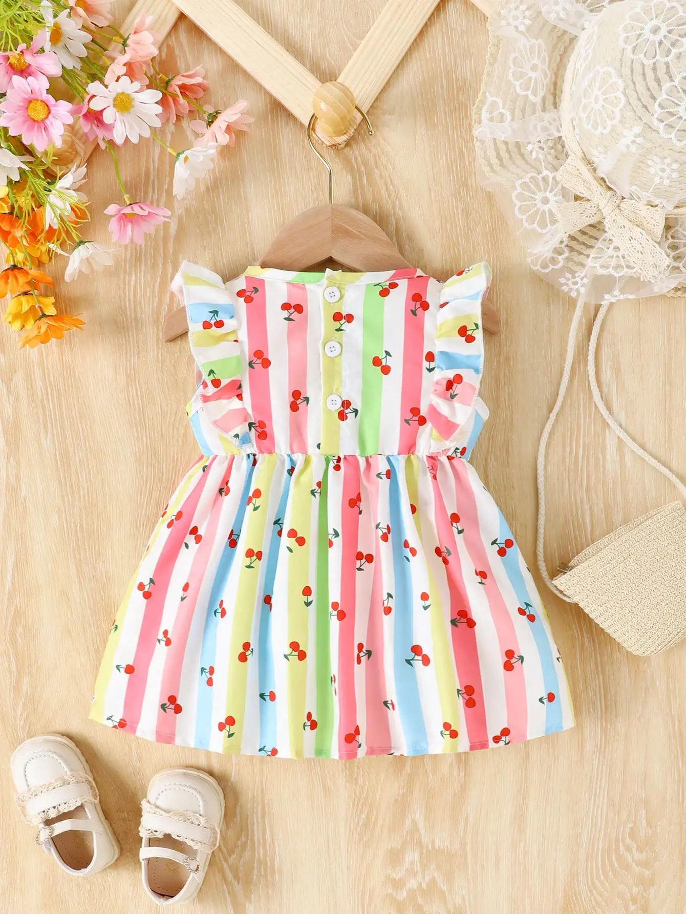 Summer baby girls casual breathable cute sweet cherry color striped print pink bow ribbon sleeveless dress