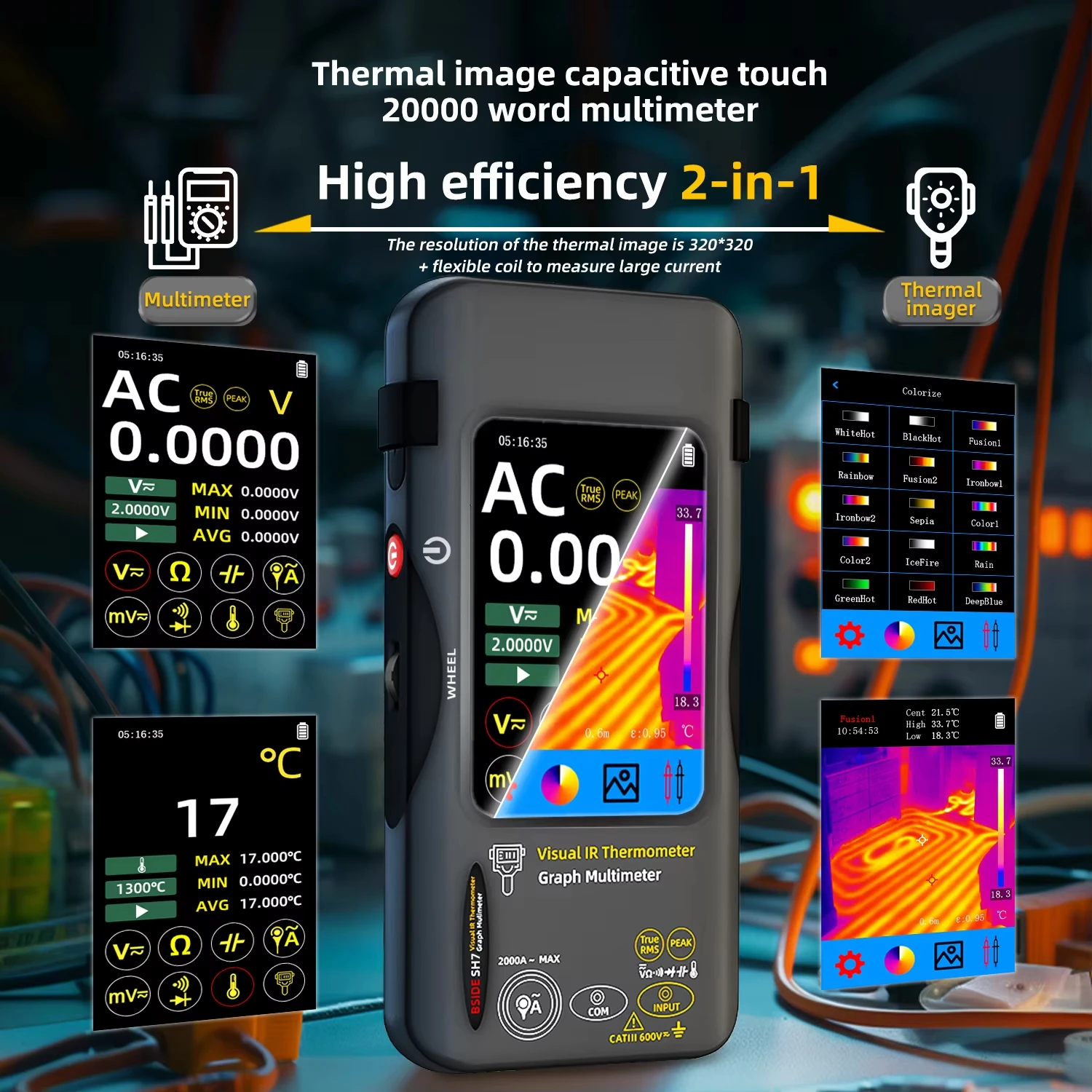 20000 นับมัลติมิเตอร์ 3.98 นิ้ว PCB Thermal Imager 320*320 อุตสาหกรรมกล้องความร้อน Circuit Board ตรวจสอบไฟฟ้า BSIDE SH7