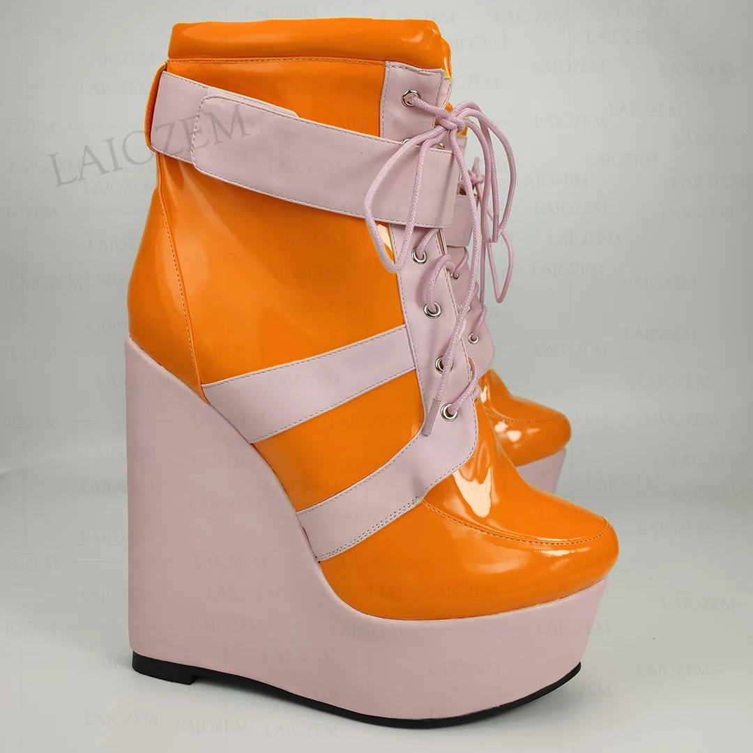 LAIGZEM Frauen Stiefeletten Patchwork Plattform Keile Cosplay Unisex Booties Damen Höhe Erhöhen Schuhe Frau Große Größe 44 46 52 3