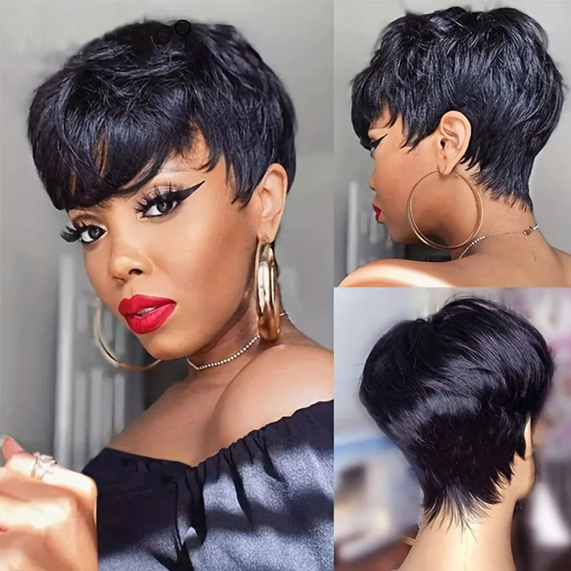 Straight Pixie Cut Human Hair Wig Short Bob Full Machine Made Wigs with Bangs Virgin Brazilian Wig for Women 180% Density