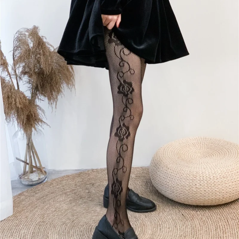 Women Black Moon Floral Vine Letter Fishnet Tights Autumn Winter Hollow Out Mesh Pantyhose Thin Ins Fashion Inner Match Hosiery