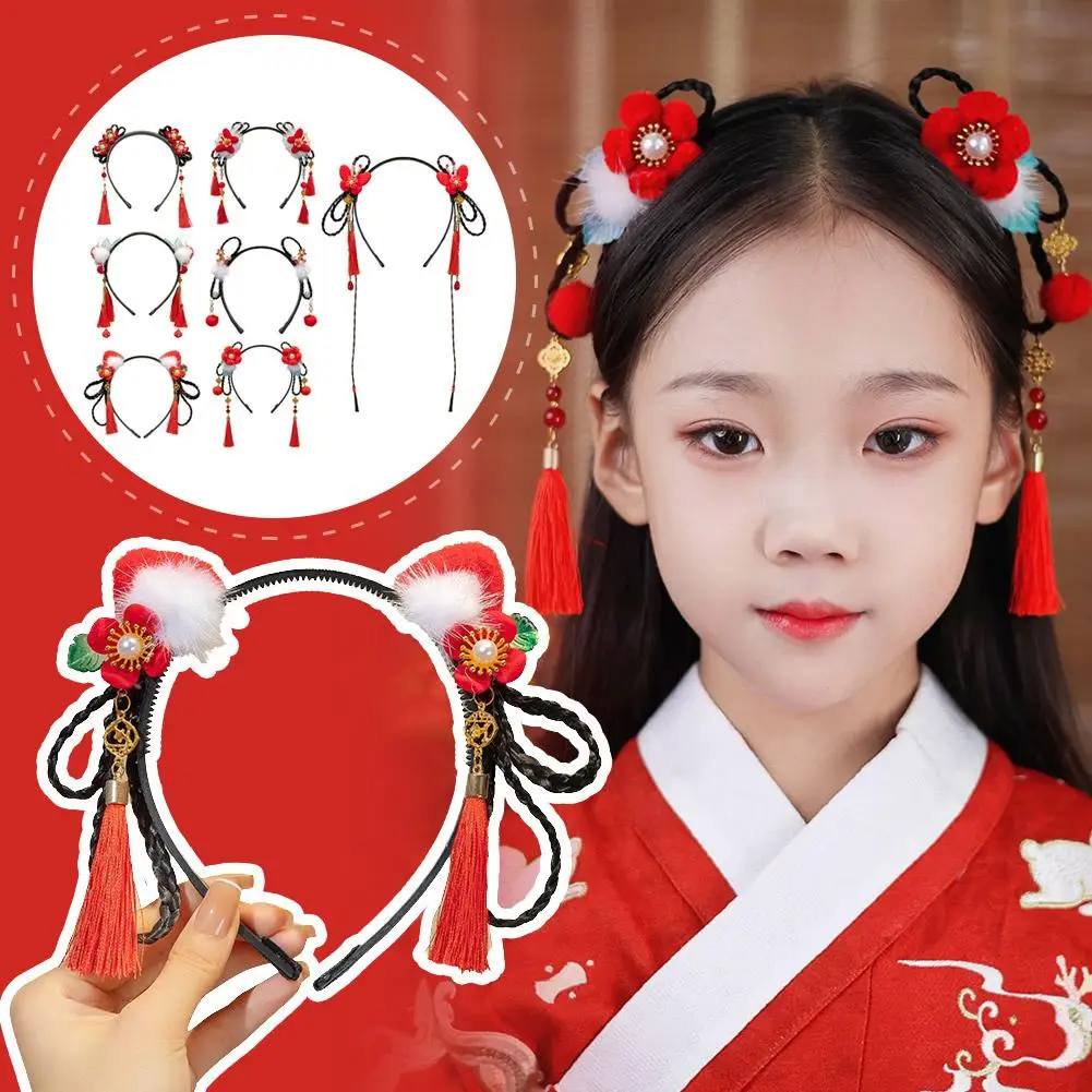 Flower Children Wig Headband Tassel Suit Hair Headwear Braid Chinese Year Hanfu Hair Hoop Style Sticks New Hair Ancien L4z5