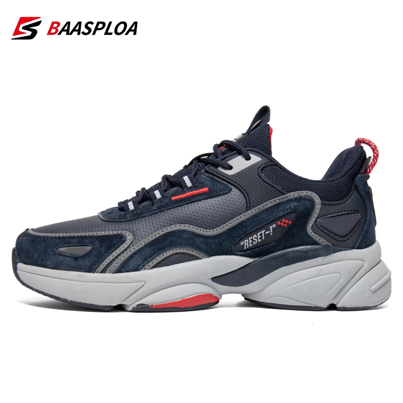 Baasploa Men Sport Shoes Leather Waterproof Casual Sneakers for Male Comfort Fashion Casual Walking Shoes Non-Slip Lace-Up