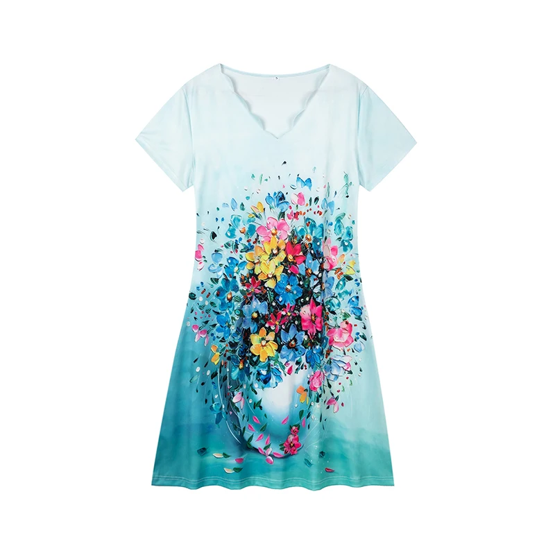 Frühling und Sommer Neues europäisches und N Damenkleid mit Digitaldruck, V-Ausschnitt und kurzen Ärmeln – Detail 5