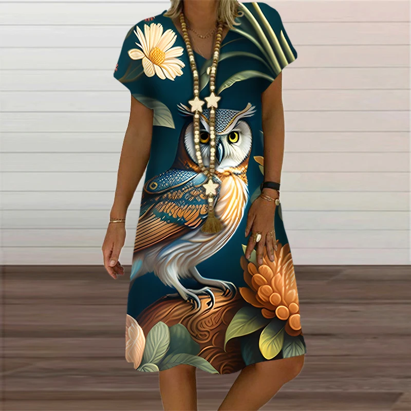 Gele Bloemenprint Jurken Voor Dames Kleding Zomer Vogel Patroon Korte Mouw Losse Jurk Mode Casual V-Hals Oversized Jurk