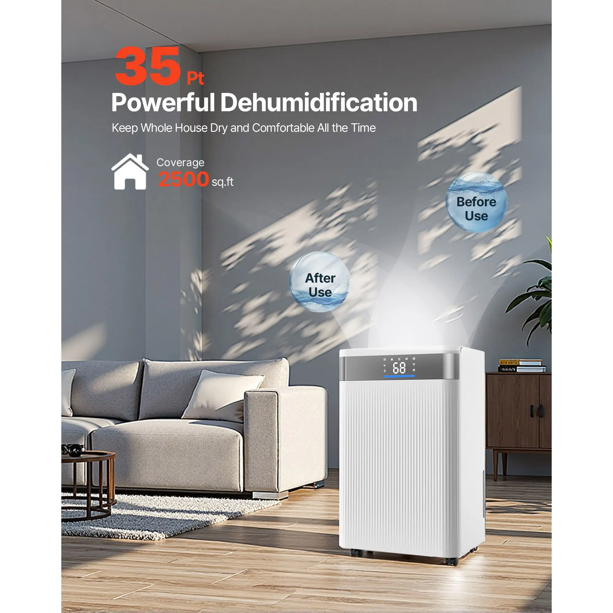 35 Pints Dehumidifier for Home & Basement, Drain Hose for Commercial & Industrial Use, Smart Humidity Control, Low Noise for Large Rooms, Warehouses, Bedrooms & Storage, Large Coverage,White