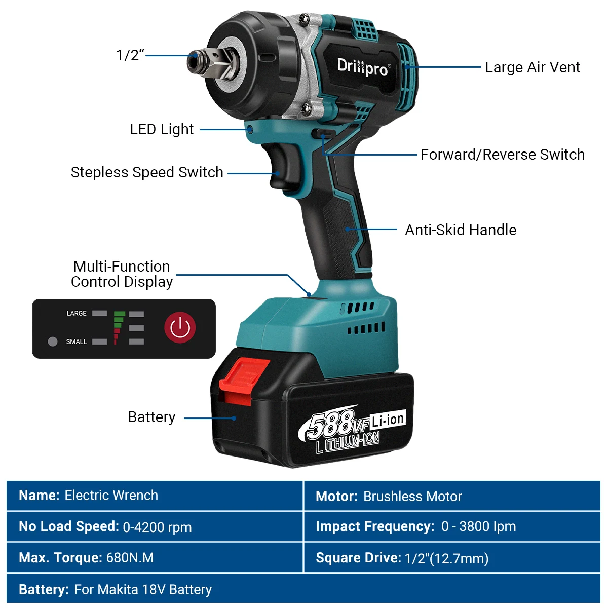 Drillpro 680N.m High Torque Brushless Cordless Electric Impact Wrench Screwdriver 1/2\