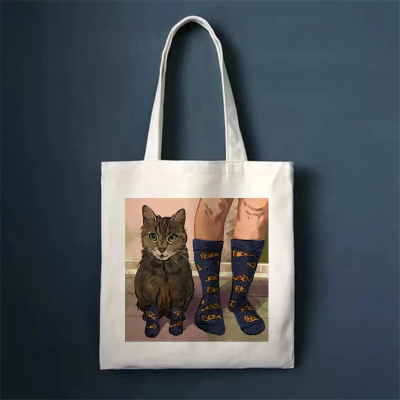 Cute Funny Cat Printed Shopping Bag Tote Shoulder Bag Large Capacity Eco Portable Shopping Bag Canvas Tote Bag Handbag Schoolbag