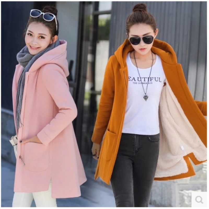 2022 Autumn Winter Women\'s Fleece Jacket Coats Female Long Hooded Coats Outerwear Warm Thick Female Red Slim Fit Hoodies Jackets