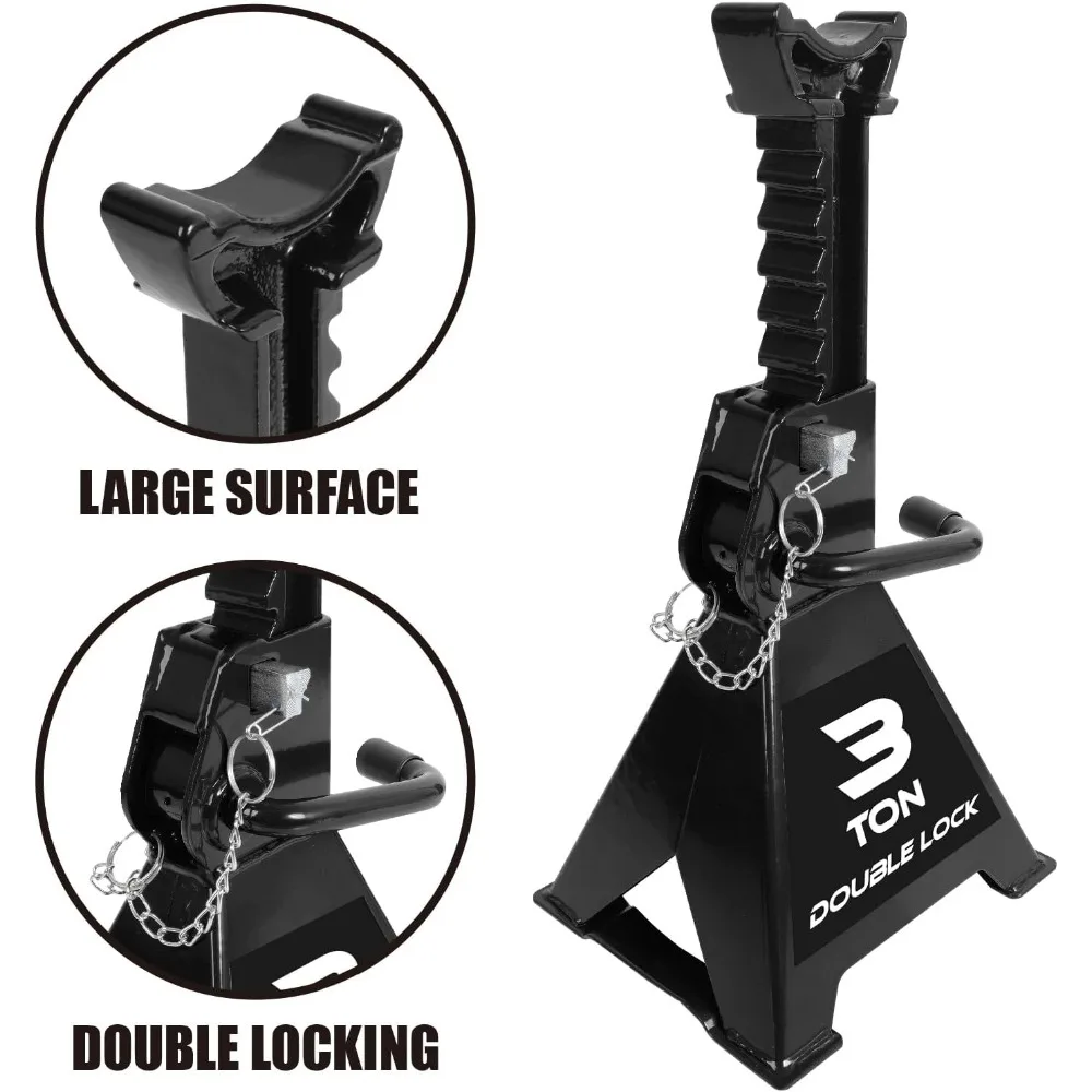 ヘビーデューティースチールジャックスタンド：ダブルロッキングピン、3トン（6,000ポンド）容量、ブラック、ペア