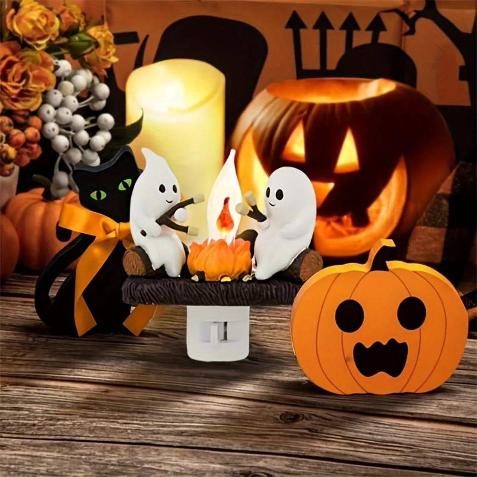 

Ghost Campfire LED Night Light with Flickering Effect 360° Rotatable Plug Spooky Decor for Home Holiday Living Room Displays