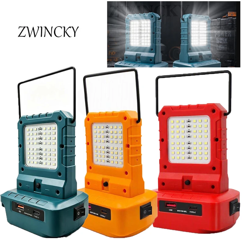 Work Light Tool for Makita for Milwaukee for Dewaltt 18V Lithium Battery LED Work Lights Lamp Hand Lantern Spotlight USB Charger